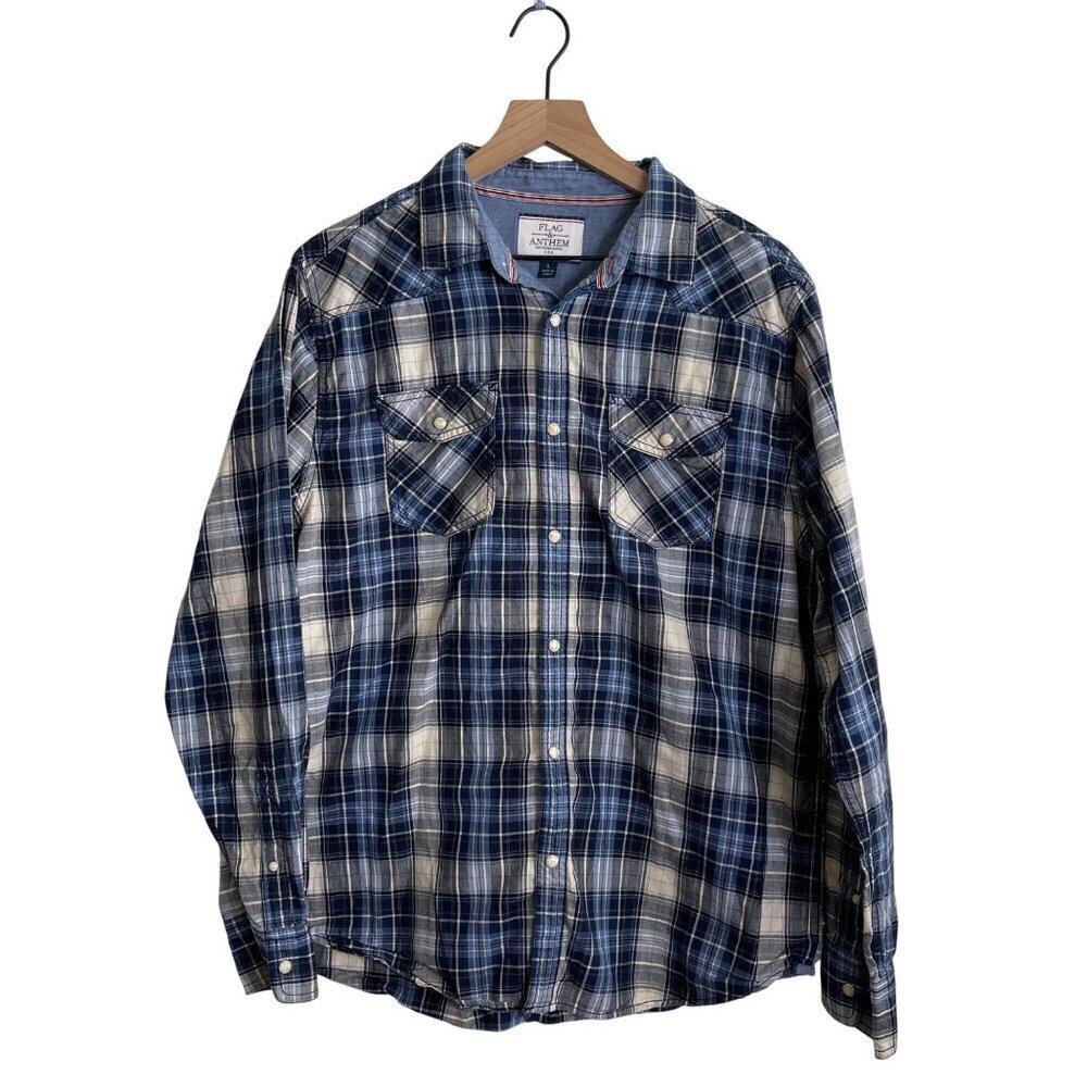 Flag & Anthem Mens Blue Plaid Button-Down Shirt With Dual Front Pockets